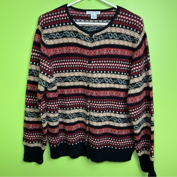 eagles eye Sweaters - Eagle's Eye 100% lambswool cardigan  sz L Fair Isle nordic  minimalist black tan